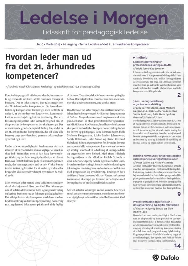 Ledelse i Morgen. Nr. 6. Marts 2017. 20. årgang. Tema: Ledelse af det 21. århundredes kompetencer